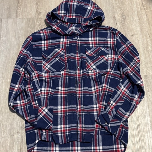 Boston Traders Navy and Burgundy Plaid Long Sleeve Shirt with Hood - Picture 1 of 2